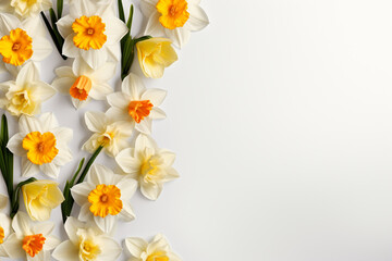 Beautiful daffodils on white background, top view. Space for text