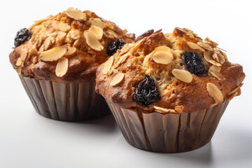 Baked fresh oats muffins with granola  and berries isolated on white background . Concept of healthy food