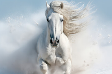 Obraz na płótnie Canvas White horse with long mane galloping across winter snowy field