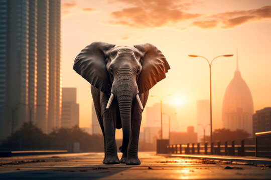 Big elephant in the city walking on the road