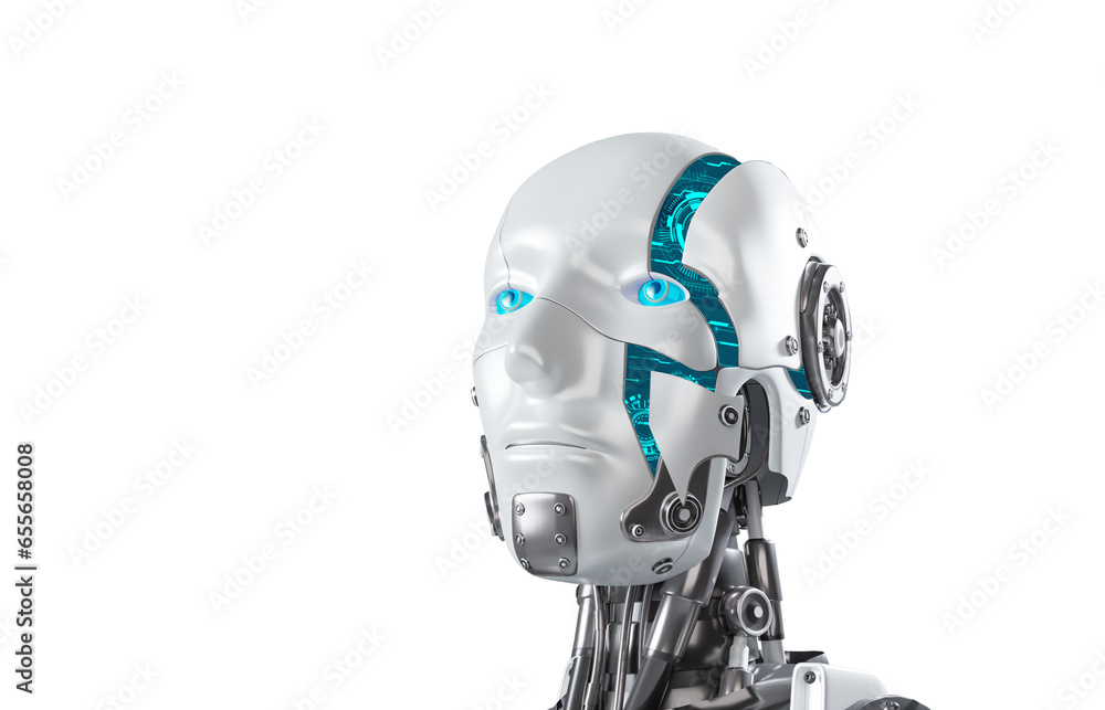 Poster 3D rendering of robot head with digital graphic brain engine inside isolated on transparent background, png file
