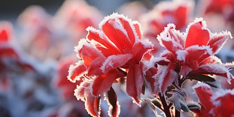Fotobehang Frozen azalea with red leaves © Zaleman