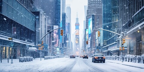 Central street in New York under the snow