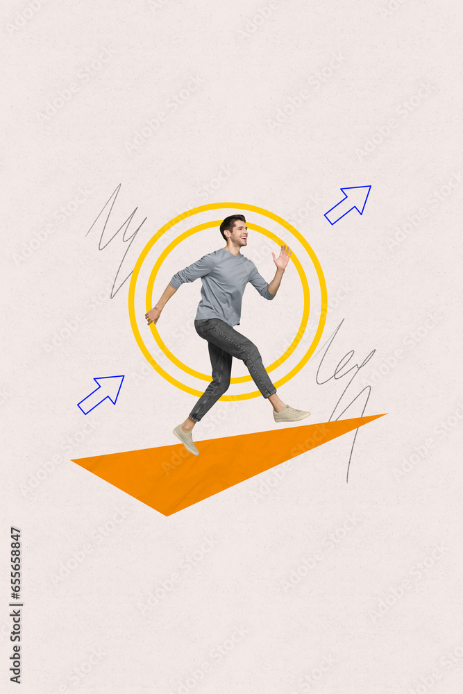 Poster vertical collage sketch of happy smiling successful guy running towards his dream goal isolated on d