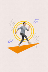 Vertical collage sketch of happy smiling successful guy running towards his dream goal isolated on...