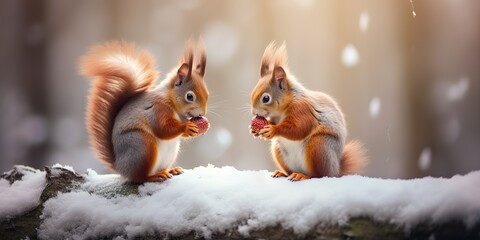 Cute red squirrel eats a nut in the winter forest - obrazy, fototapety, plakaty