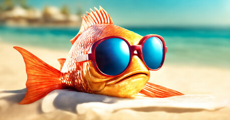 Cute funny fish wear sunglass taking sunbathing in beach, summer concept, with copy space for text - obrazy, fototapety, plakaty