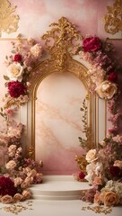Opulent and elegant background copy space in center Incorporate rich gold accents, intricate floral motifs, and a soft, muted color palette. luxury and romantic background 