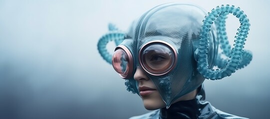 Generative AI, Woman in plastic blue octopus like mask, high tech futurism, minimalist beauty