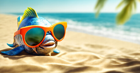 Fototapeta na wymiar Cute funny fish smiling wear sunglass taking sunbathing in beach, summer concept. 