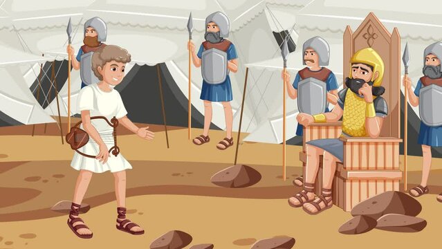 Religious animation depicting David meeting the king and discussing the fight against Goliath.