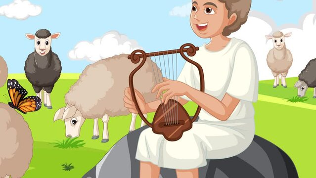 Religious scene of David, a young shepherd, playing music for his sheep
