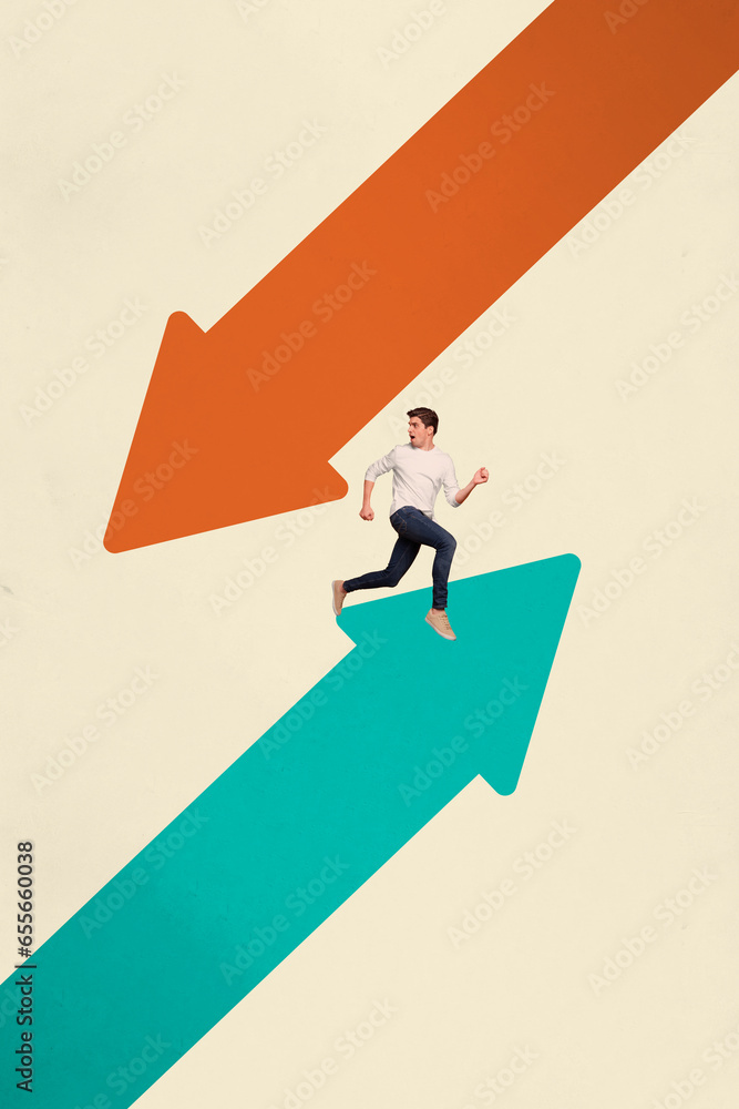 Aufkleber vertical collage image of crazy mini guy running two huge arrow pointers up down isolated on beige c