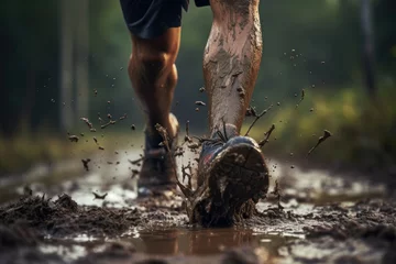 Fotobehang Close up athlete feet trail running with raining day. Sport and Healthy concept. Generative AI © itchaznong