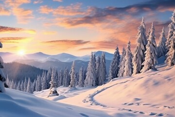 Beautiful winter landscape with snow-clad spruce trees and rolling hills. Generative AI