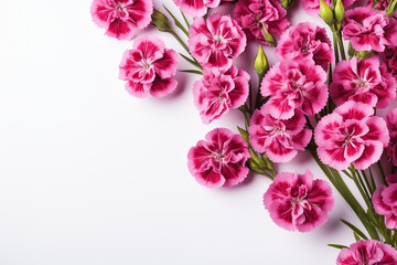 Pink and purple carnation flowers border on white background with copy space