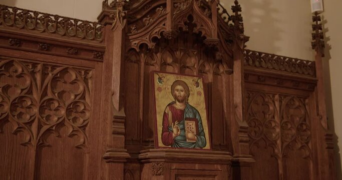 Wide Tilt Down of a Wooden Tabernacle in a Church