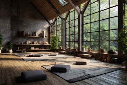 Yoga with mat lying on wood floor in a yoga studio. Generative AI