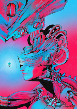 Beautiful sci-fi poster in traditional graphic style. JPEG. Futuristic android looking on the flower in gradient ambient.	
