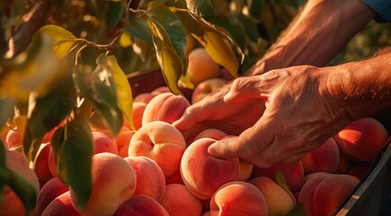 peaches in a hand,. peaches on a tree, peach tree in the garden, harvest for peaches, close-up of hands picking up of peaches - obrazy, fototapety, plakaty