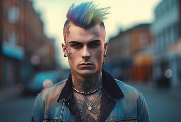 Punk guy on street. Adult man. Generate Ai - obrazy, fototapety, plakaty