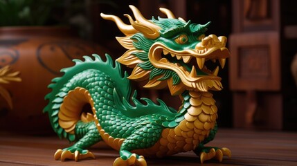 Fototapeta premium Chinese new year, green wooden dragon. Merry Christmas and Happy New Year background