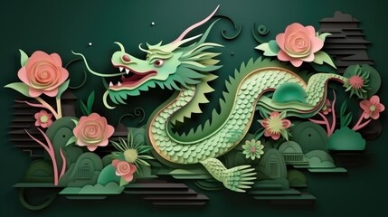 Obraz premium Chinese new year, green wooden dragon. Merry Christmas and Happy New Year background