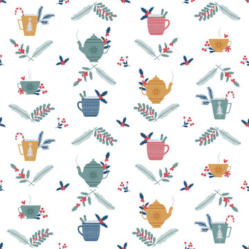 Christmas seamless pattern. Cups, teapots, decorations.