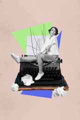 Vertical collage picture of mini black white colors funky girl sit big retro typing machine...