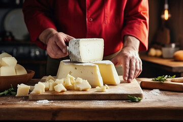 A person cutting cheese on a cutting board. Farmer or chef makes cheese slice.