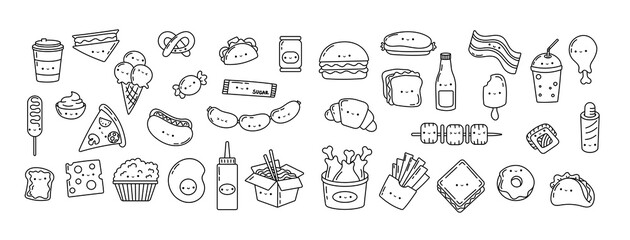 Set Kawaii Sticker Fast Food Coloring Page. Collection Cute Kawaii Fast Food Illustrations Outline.