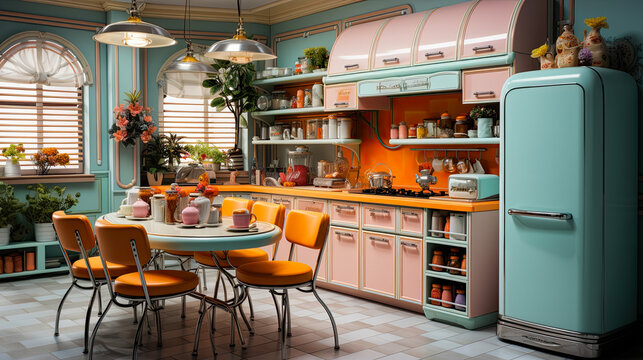 Interior in blue and orange colors kitchen in 60s style, high quality digital for design project