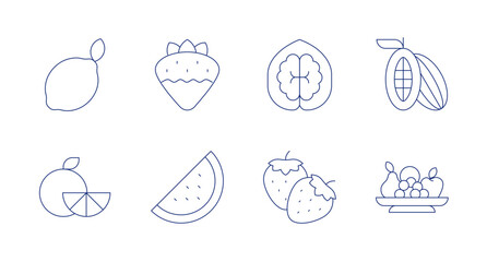 Fruits icons. Editable stroke. Containing cocoa, fruit, lime, orange, strawberry, walnut, watermelon.