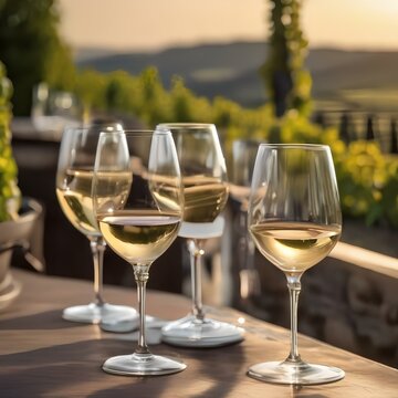 A row of wine glasses arranged on a sunlit terrace overlooking a picturesque vineyard4