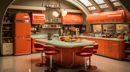 Kitchen interior project in orange colors in style of 60s, high quality digital for design project
