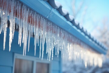 icicles on house roof in cold winter - obrazy, fototapety, plakaty