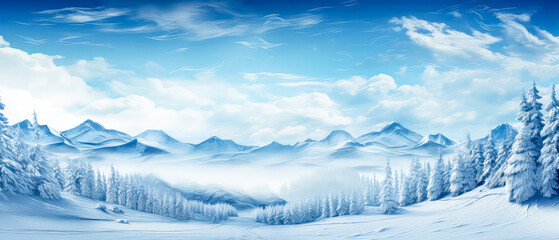 Fototapeta na wymiar Snowy winter landscape. panorama of glade and forest with mountains view. Winter holidays illustration. Scenery background . Generative ai