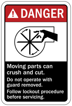 Crush and cut hazard warning sign and labels Moving parts can crush and cut. Follow lockout procedure before servicing.  Do not operate with guard removed.
