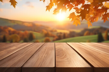 Naklejka na ściany i meble Wood table product presentation with blurred fall background