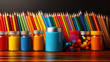 Fototapeta premium Lots of coloured pencils, acrylic paints in jars and other creative supplies. A lively school still life