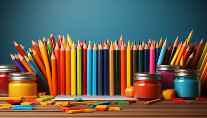 Obraz premium Lots of coloured pencils, acrylic paints in jars and other creative supplies. A lively school still life