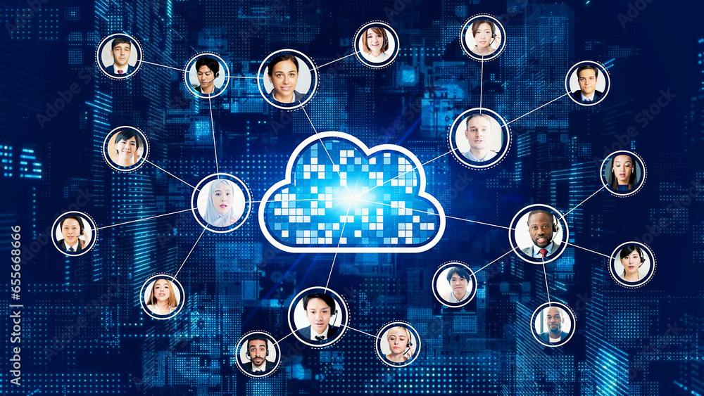 Poster Communication network of multi national people. Cloud computing.