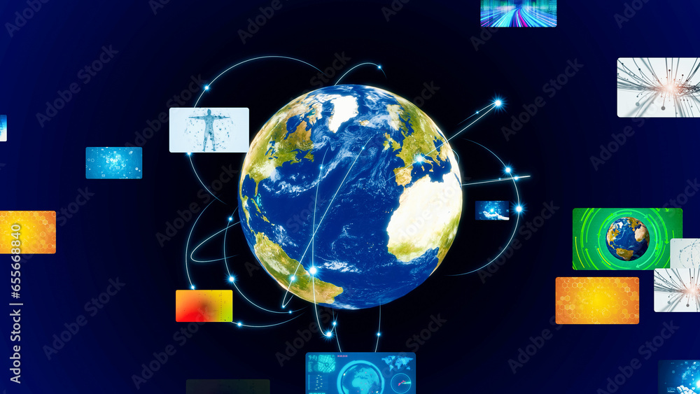 Poster planet earth and digital screens concept. global network.