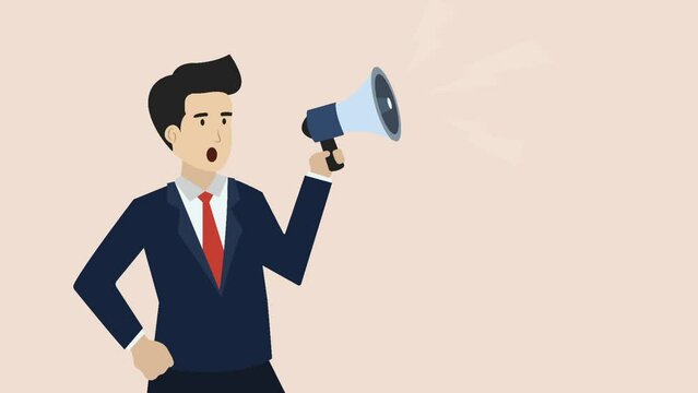 Business announcement animation, speaking loudly for promotion concept, animation of young businessman using megaphone speaking loudly to be heard in public. Businessman illustration animation.