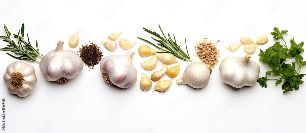 Aufkleber white background with garlic and herbs viewed from above with copyspace for text