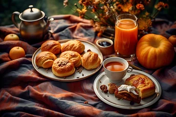 Poster Cozy autumn picnic with hot drinks, buns and fruits on warm blanket amidst golden fall leaves.  Autumnal outdoor leisure, picnics, cozy gatherings concept © Maria Shchipakina