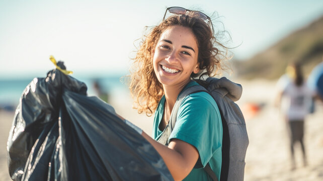 Portrait close up smiling volunteer woman collecting trash on the beach. Environmental conservation coastal zone cleaning. Ecology concept. 

