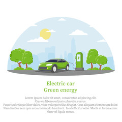Fototapeta premium Electric car usage and green electricity energy consumption outline concept. Motor type with plug in socket as environmental and nature friendly power alternative to fuel vehicles vector illustration.