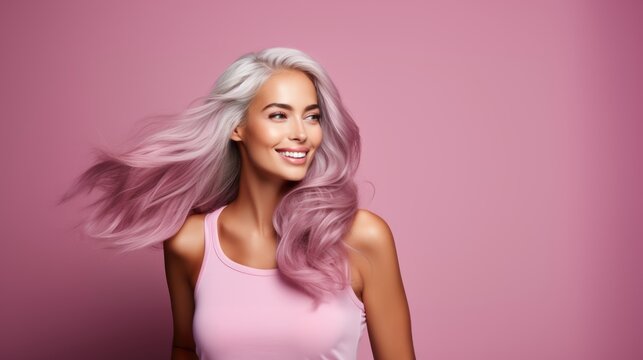 portrait of a woman with beautiful hair, pink hair woman.