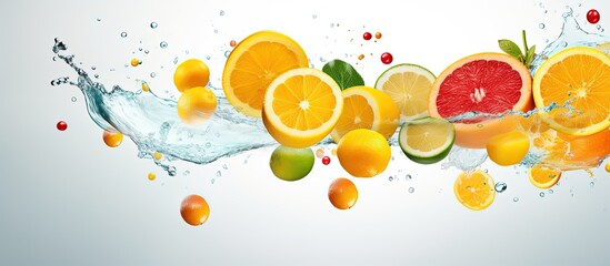 Vitamin C pill releasing citrus fruits with copyspace for text - obrazy, fototapety, plakaty